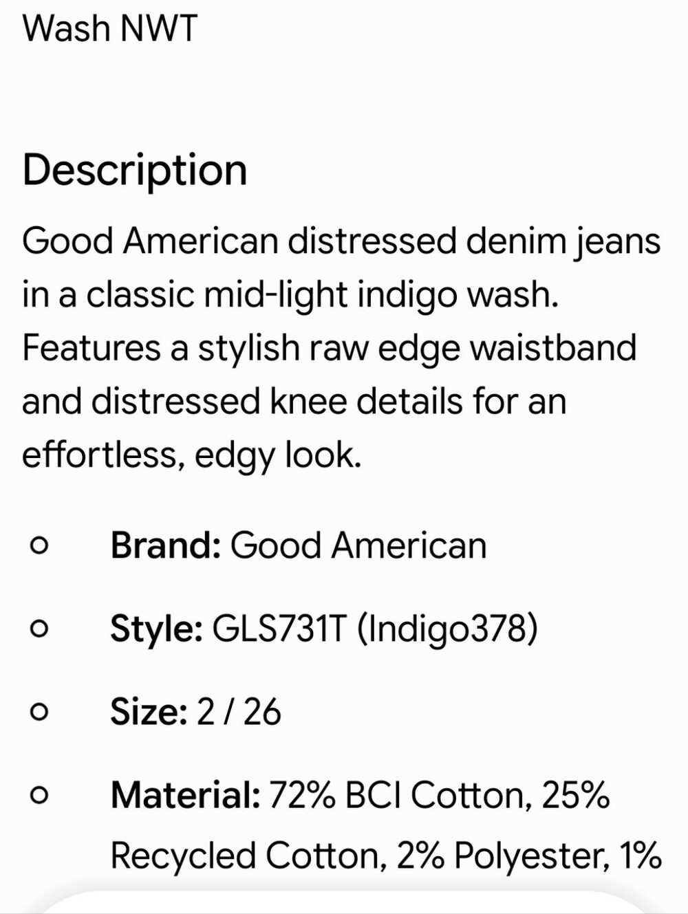 NWT Good American Good Legs -Eco Mid-Rise Straight Leg Distressed Jeans 2 / 26 - Picture 16 of 16